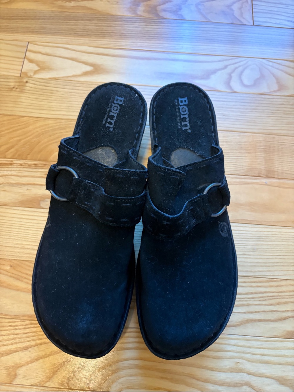 Born Black Suede Slip-On Clogs with Buckle Accent